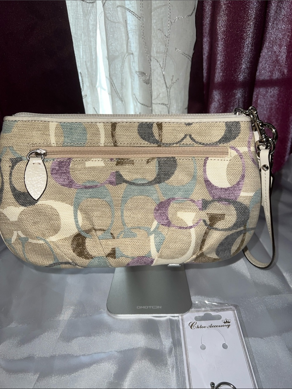 Coach Beige Signature Canvas Wristlet with Pastel Blue and Lavender Accents - Picture 6 of 11